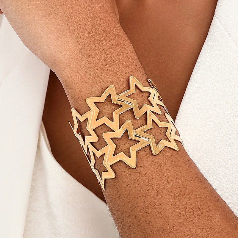 Exaggerated Wide-Face Hollow Star Bracelet in Metal - Vienna Verve Collection