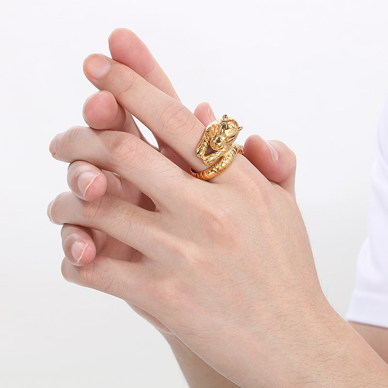 Planderful Zodiac Tiger Head Ring Mens Titanium Steel