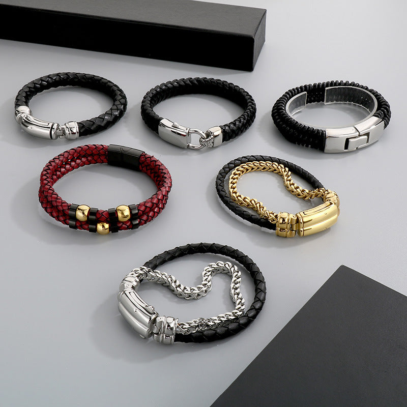 Stylish & Double-Layer Spliced Leather Bracelet – Vacuum Electroplated Spring Buckle