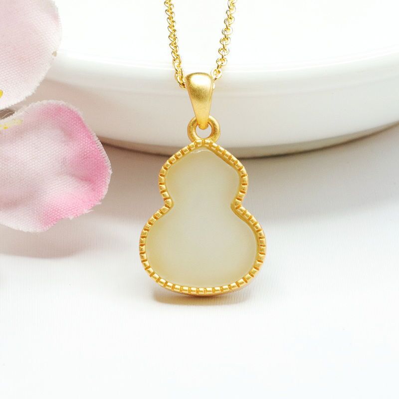 Golden Necklace with Natural Hetian Jade White Gourd Pendant Jewelry