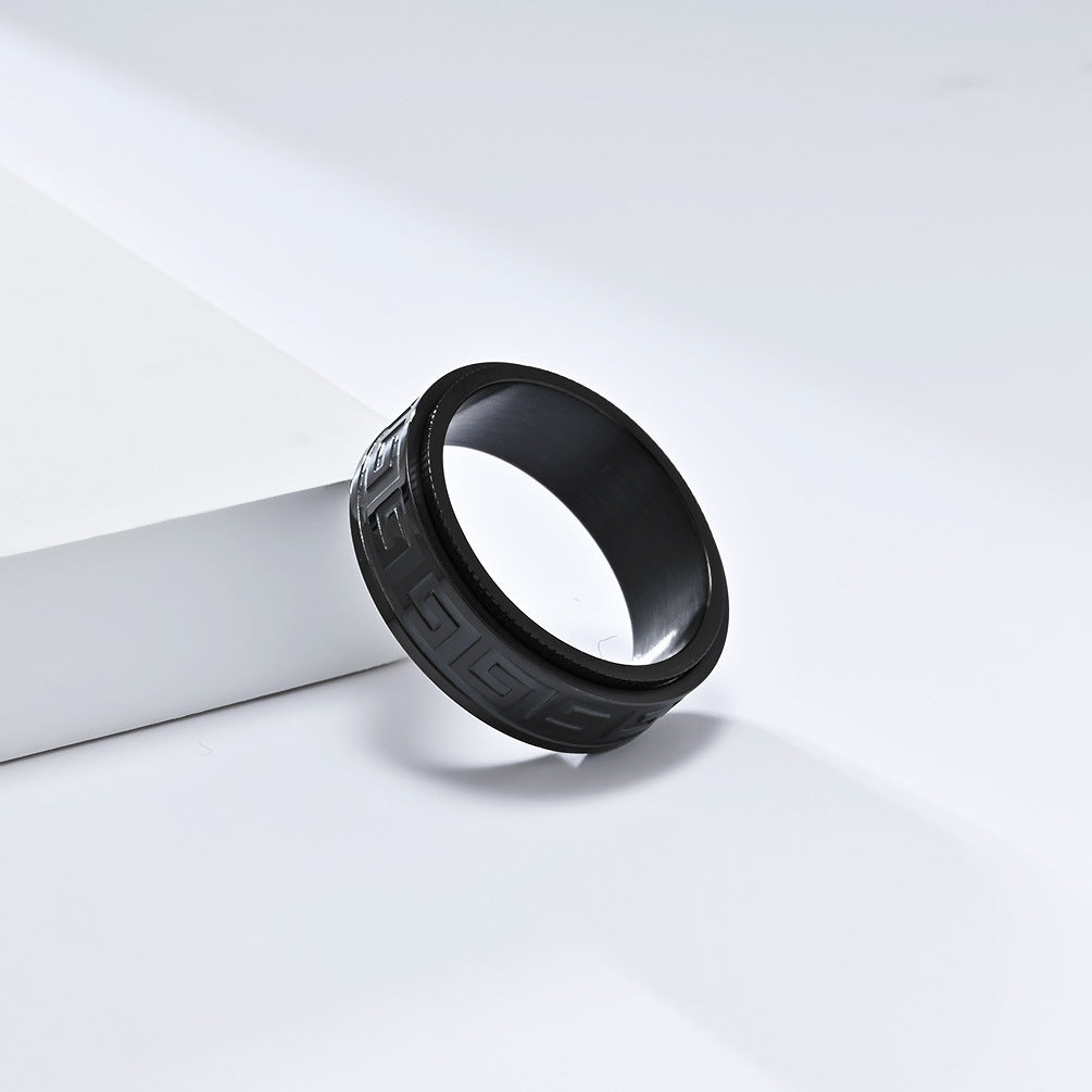 Planderful Rotatable Decompression Ring For Men With Retro Great Wall Pattern In Titanium Steel