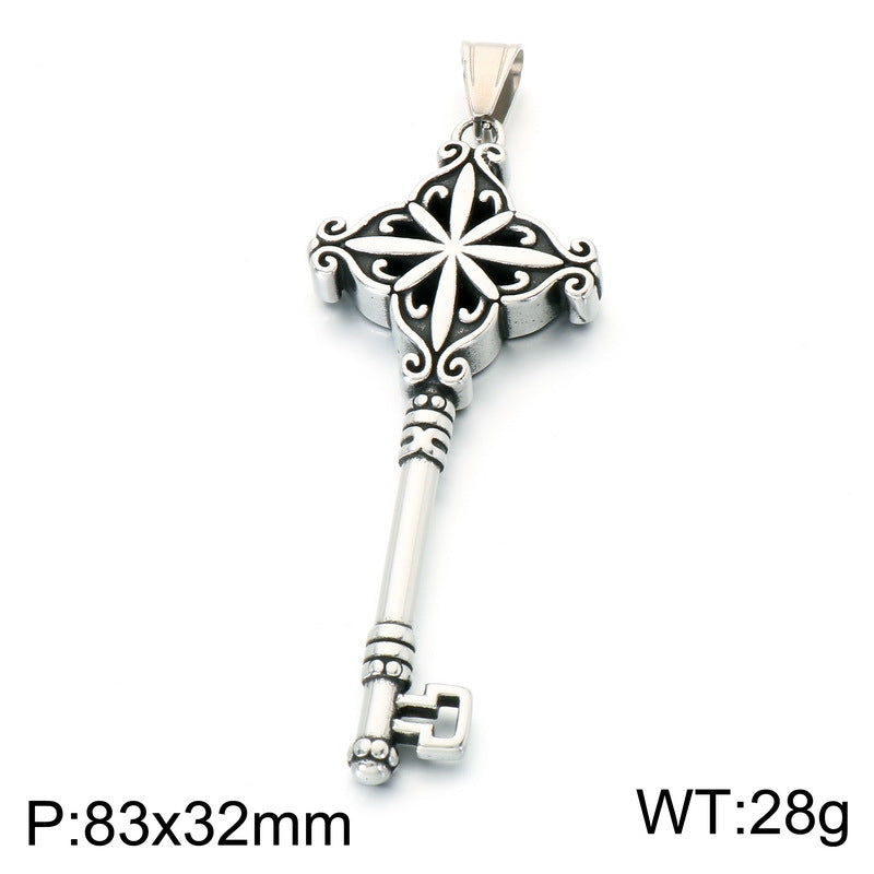 Gothic Snake Wrapped Rune Key Dark Vintage Labyrinth Cross Pattern Stainless Steel Necklace