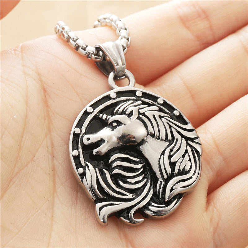Titanium Steel Unicorn Pendant Necklace for Men - Retro Punk Stainless Steel Horse Design