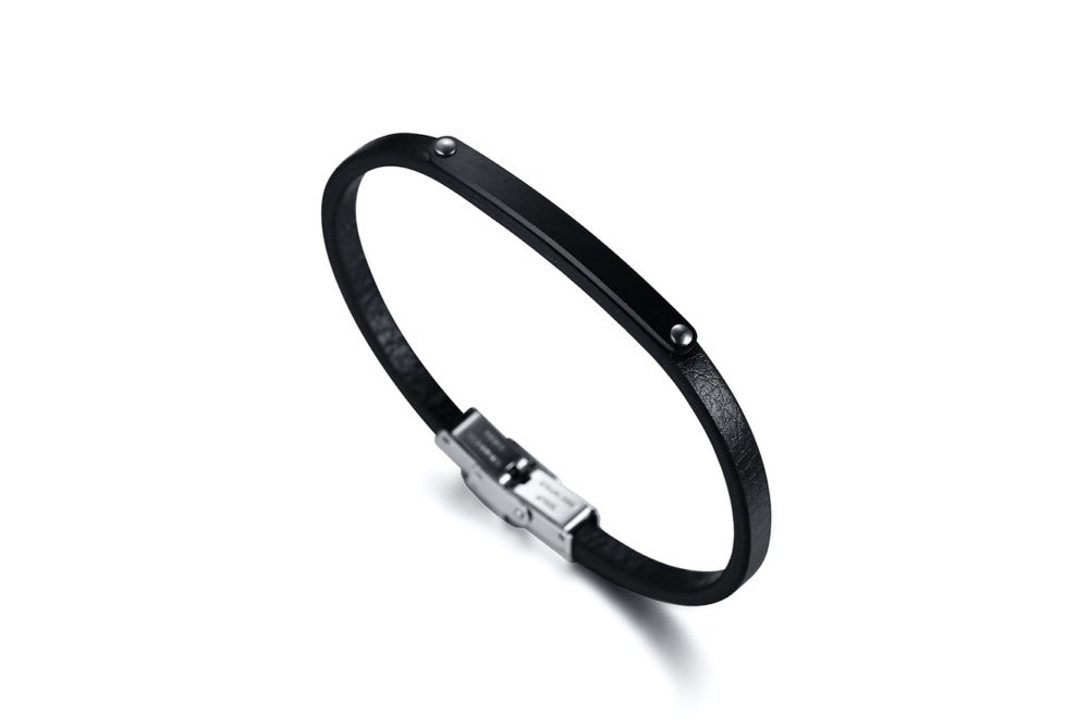 Stainless Steel Curved Leather Couple Bracelet Black Men