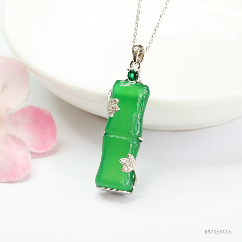 Green Chalcedony Bamboo Silver Pendant — No Chain