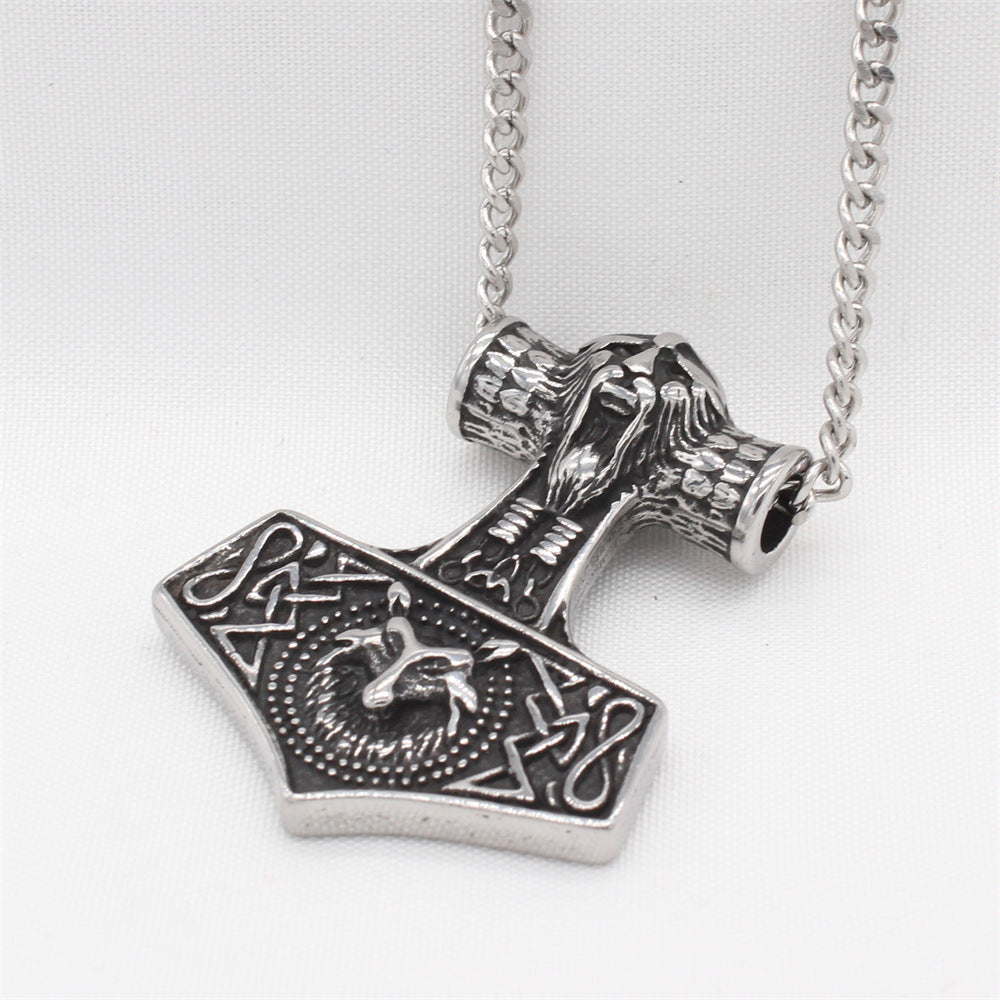 Celtic-Inspired Titanium Steel Wolf Head Pendant with Thor Hammer Design for Men