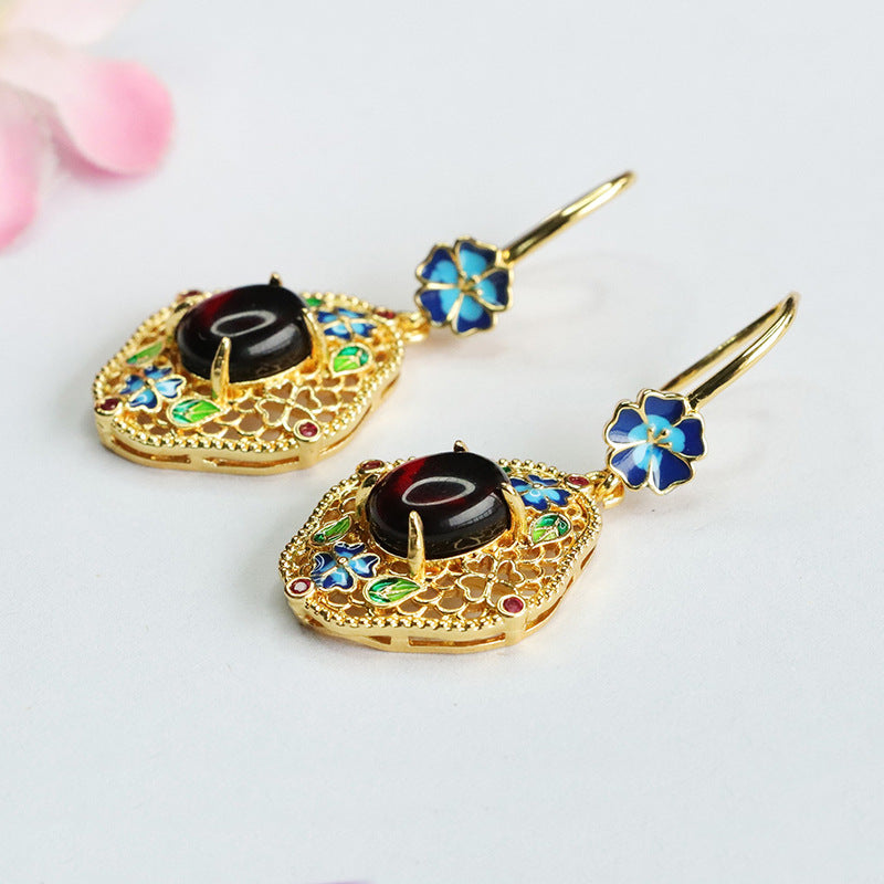 Blood Amber Enamel Floral Drop Earrings