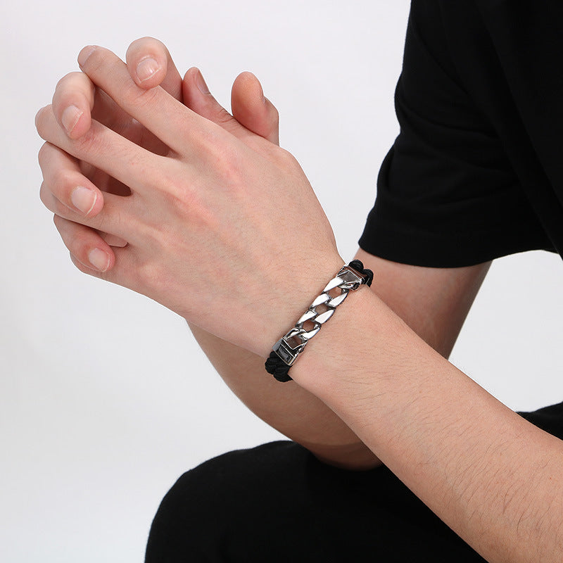 Vintage Chic Magnetic Clasp Leather Bracelet with Custom Titanium Steel Cuban Link and Genuine Cowhide for Men