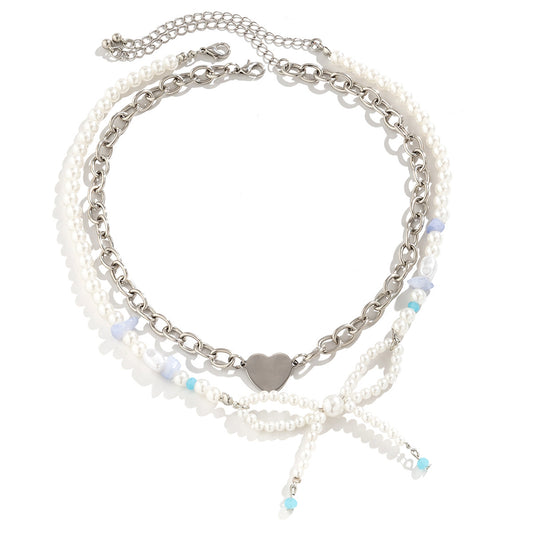 Chic Imitation Pearl Choker Necklace with Bow Pendant