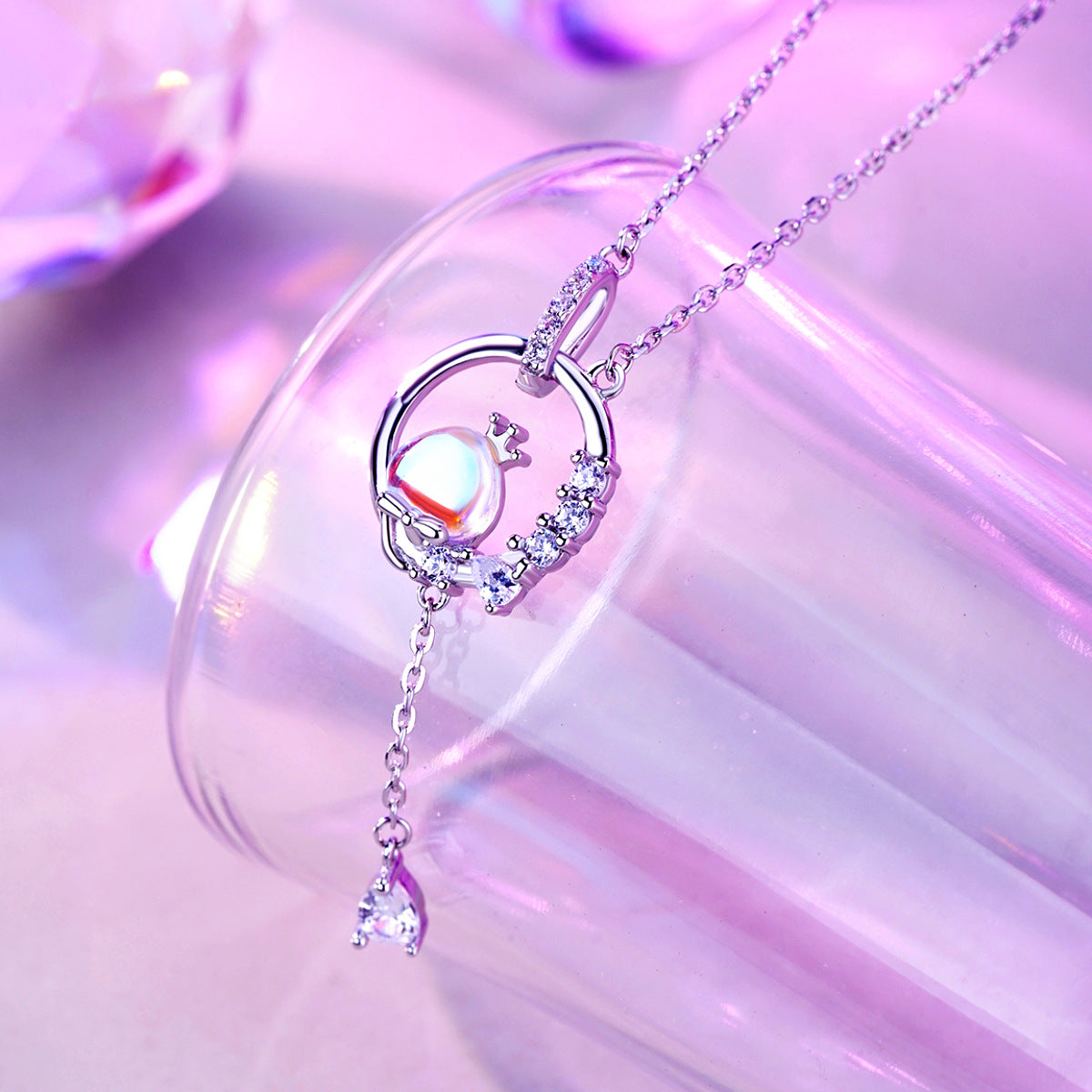 Planderful Dream Star Moonstone Necklace S925 Sterling Silver Tassel Zircon For Women Collarbone Jewelry