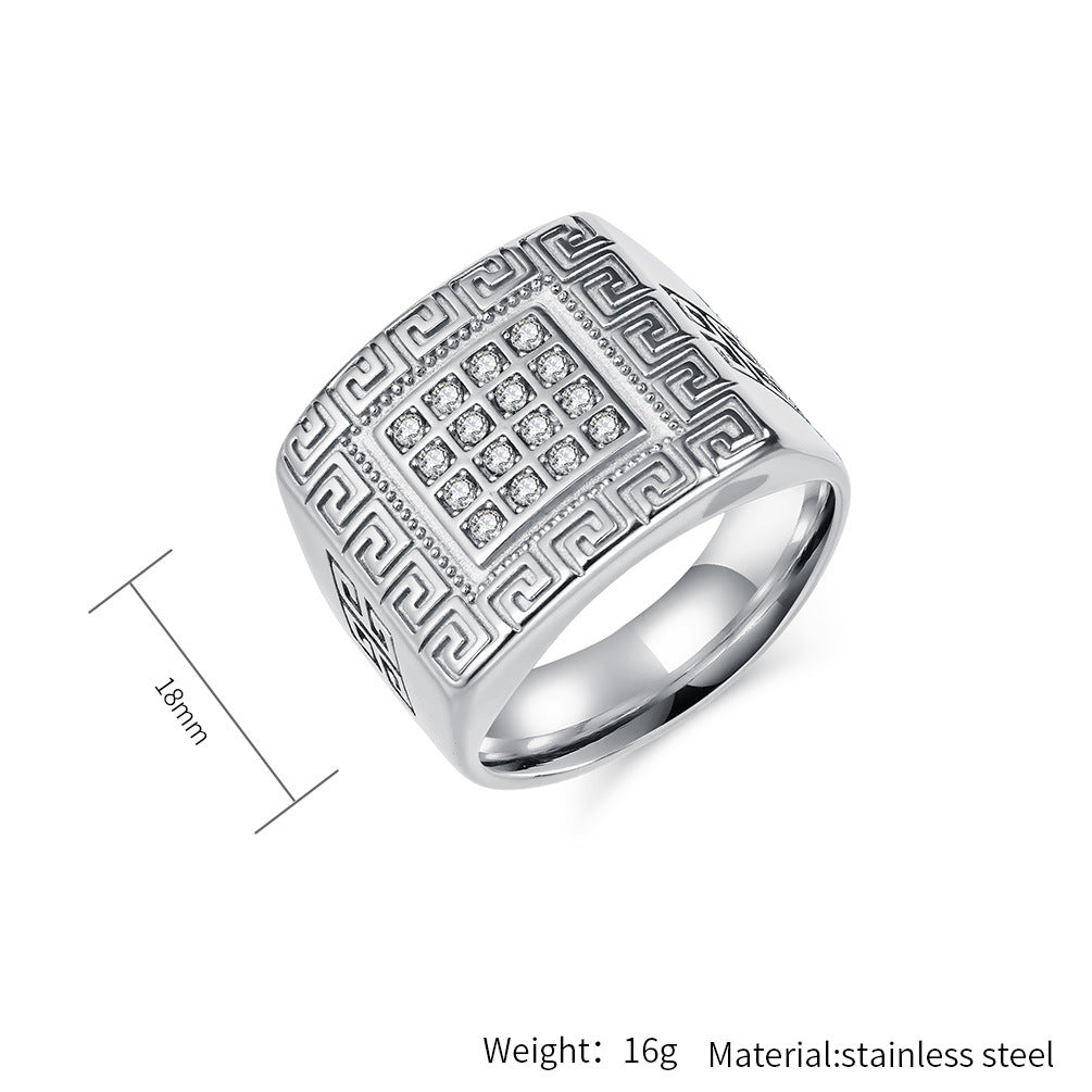 Men's Titanium Steel Ring With Zircon Inlay And Great Wall Pattern High End Planderful
