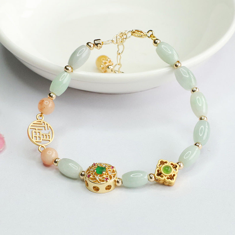Jadeite Rice Bead & Fu Plaque Bracelet