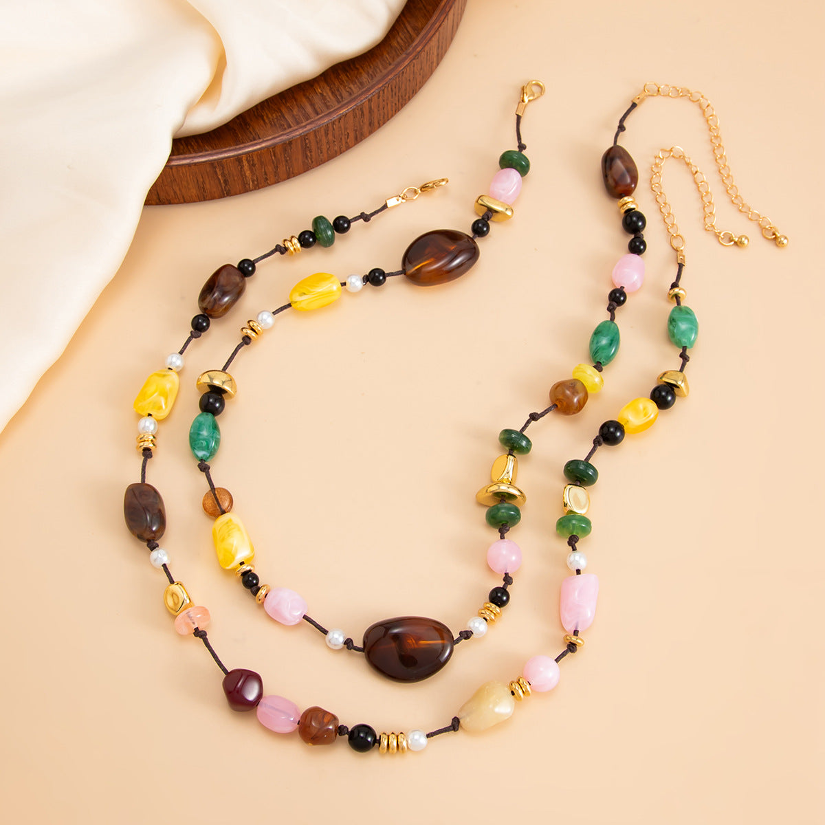Contrasting Color Stone Beaded Double-Layer Pearl Necklace Holiday Style Retro Handmade Woven