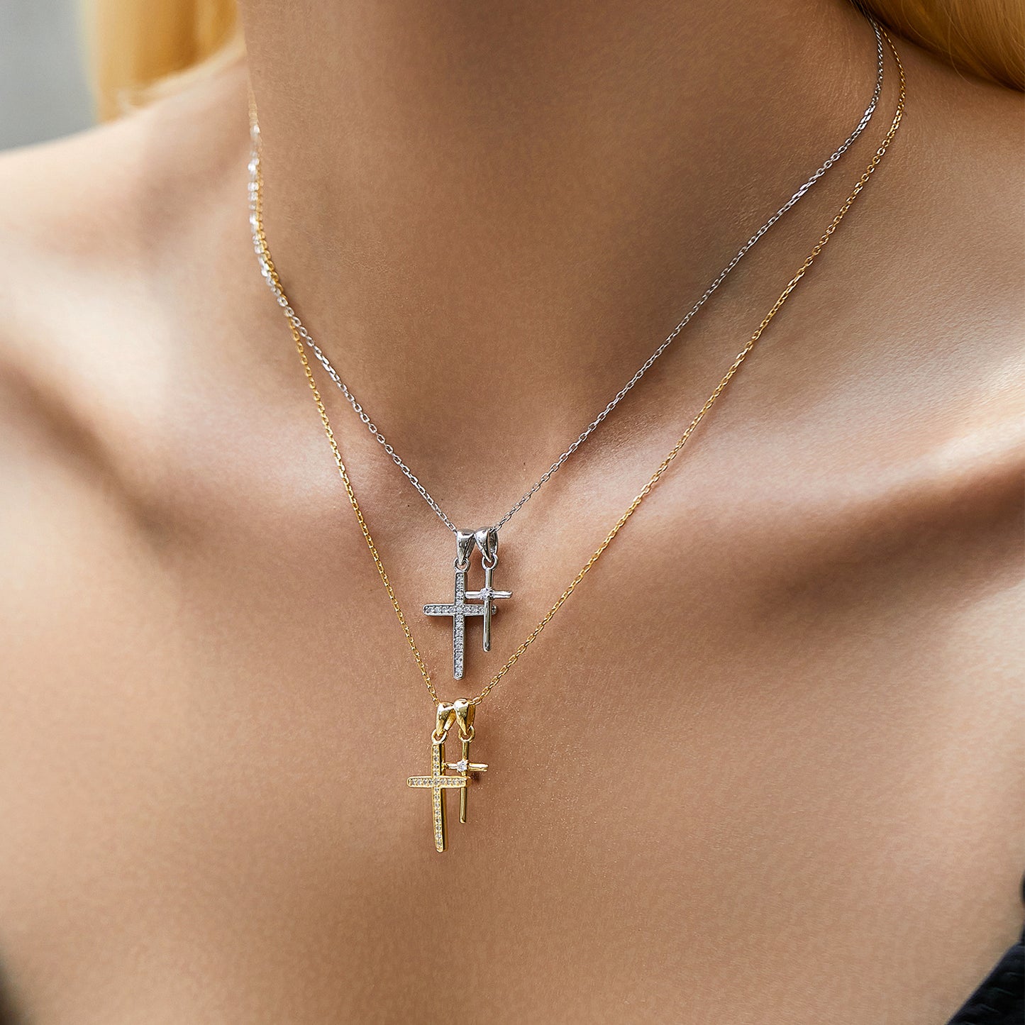 Planderful Collection S925 Silver Double Cross Necklace – Trendy Artistic Niche Collarbone Chain
