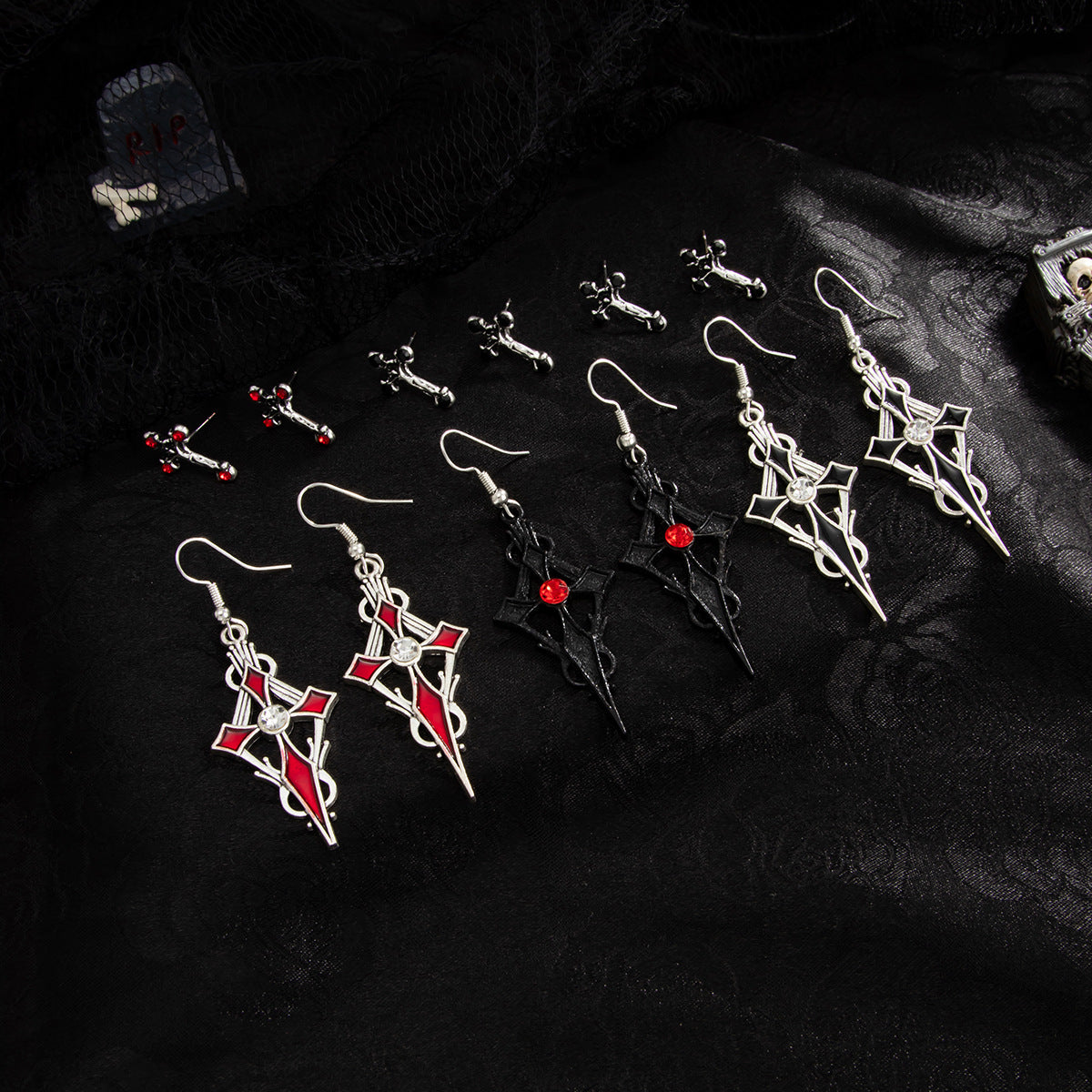 Planderful Gothic Halloween Earrings Set Spider Web Bat Blood Cross With Roses For Women Vienna Verve