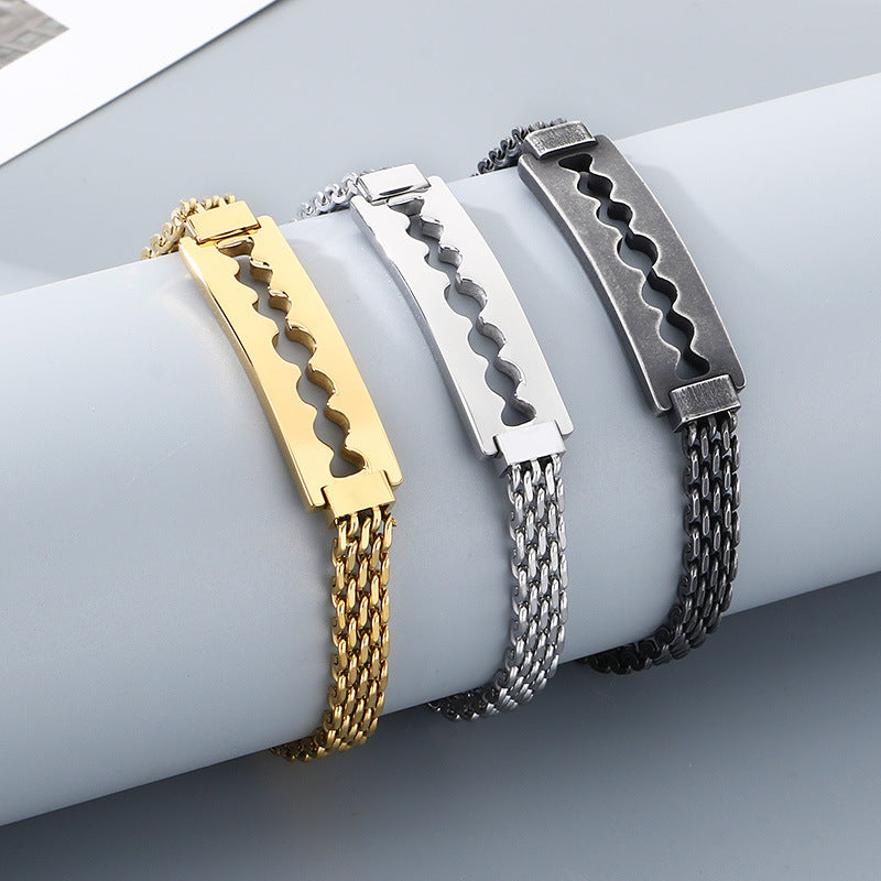Men's Daily – Minimalist Woven Chain Curved Bar Blade Stainless Steel Bracelet Men