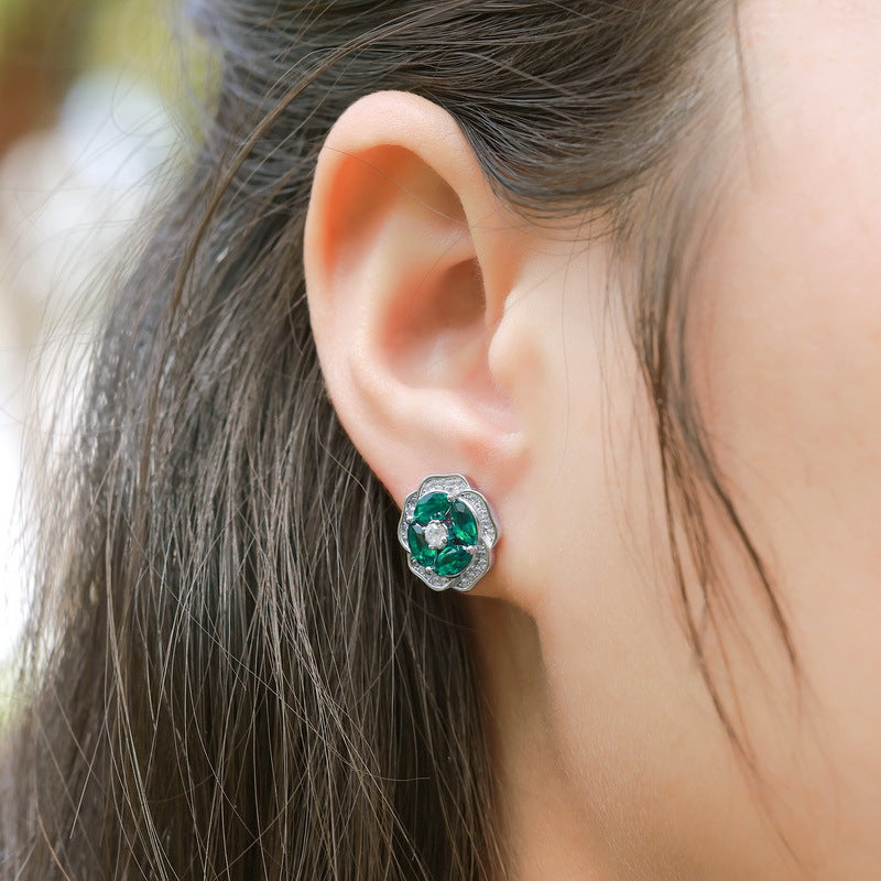 S925 Sterling Silver Lab-Grown Emerald Flower Stud Earrings