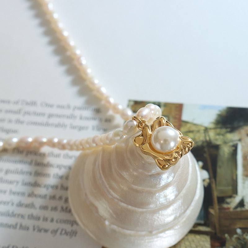 French Instagram Vintage Irregular Square Plate Pendant Set with Faux Pearl Elegant Freshwater Pearl Necklace