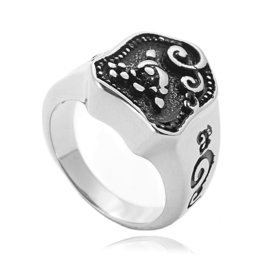 Titanium Steel Floral Totem Ring for Men - Retro Punk Style Stainless Steel Jewelry