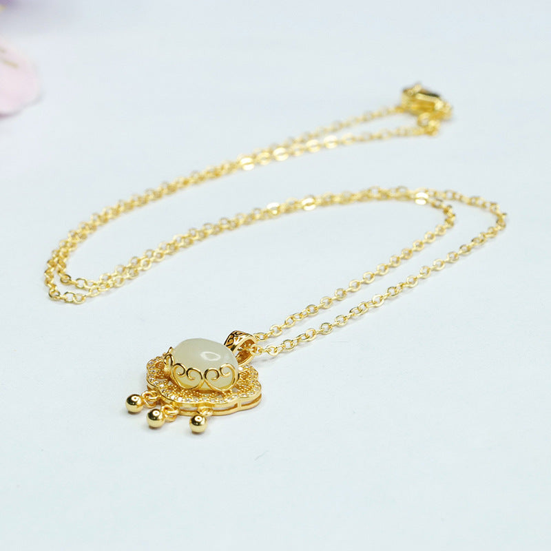 Sterling Silver Hetian Jade Pendant with Zircon Ruyi Lock Necklace