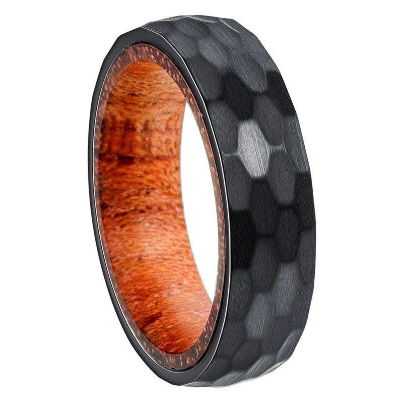 Planderful Everyday Genie Premium Couple Rings Titanium Hammered Outer Ring Solid Wood Inlay Unisex Wedding Band