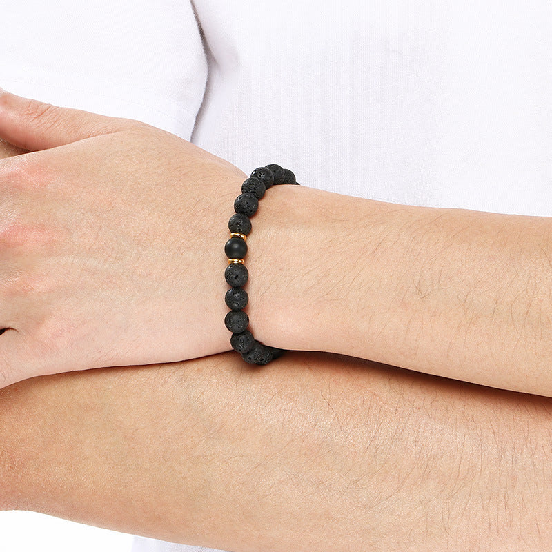 Stainless Steel Bracelet – Punk Volcanic Stone Frosted Black Agate Elastic Rope Handmade