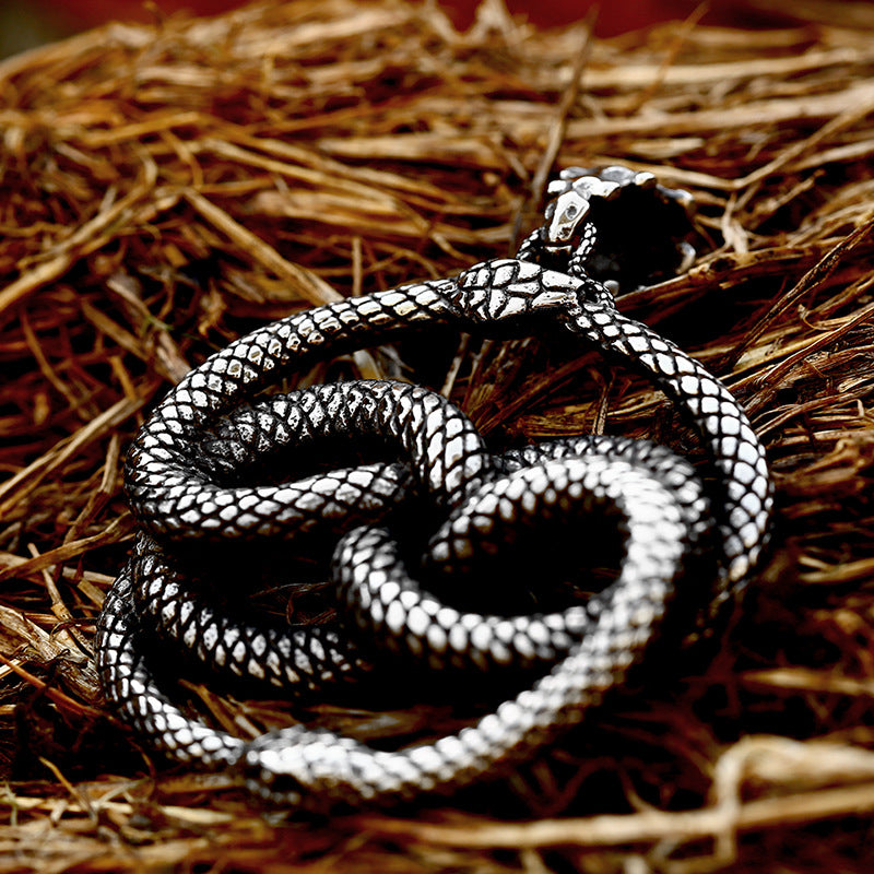Titanium Steel Snake Pendant with Stone Inlay - Retro European and American Jewelry for Men