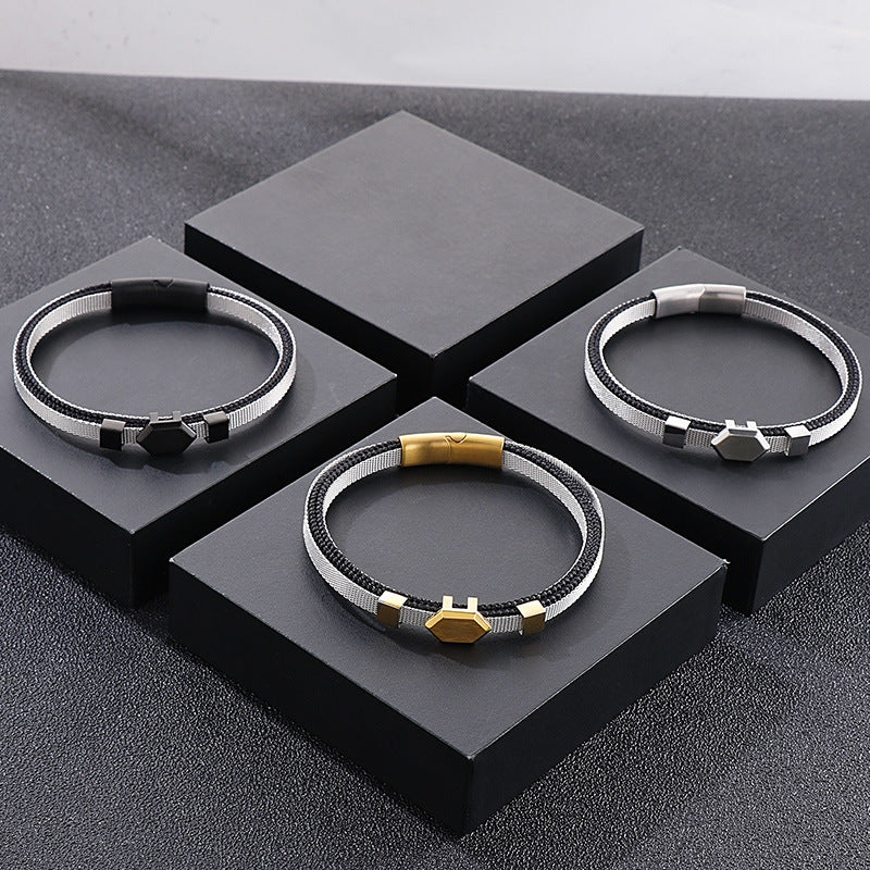 Stylish Titanium Steel and Leather Rope Bracelet for Men - European and American Design
