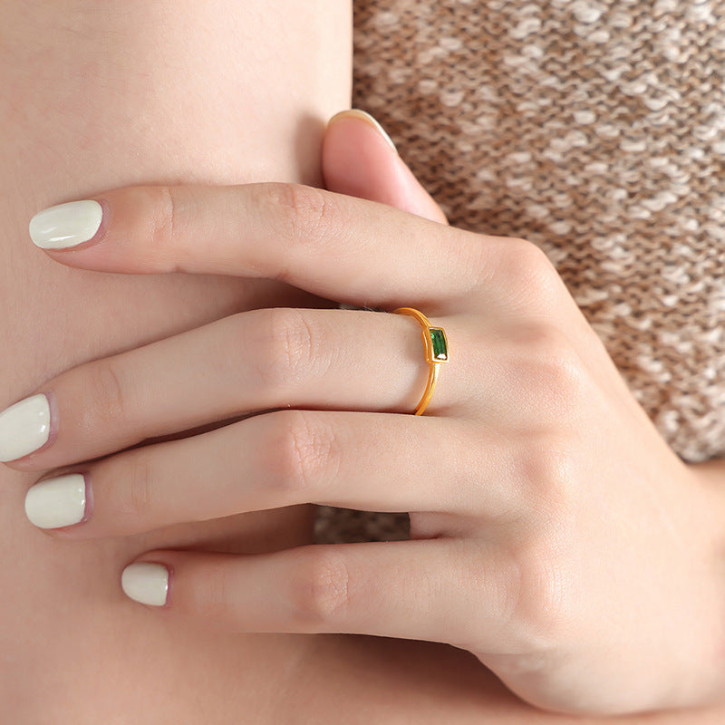 Colorful Spar Inlay Titanium Steel Gold-Plated Thin Ring - Korean Style Women's Jewelry