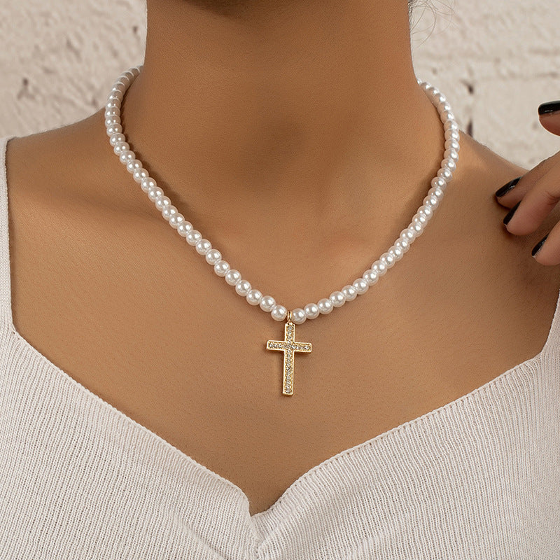 Opulent Pearl Cross Necklace - Elegant Women's Fashion Jewelry