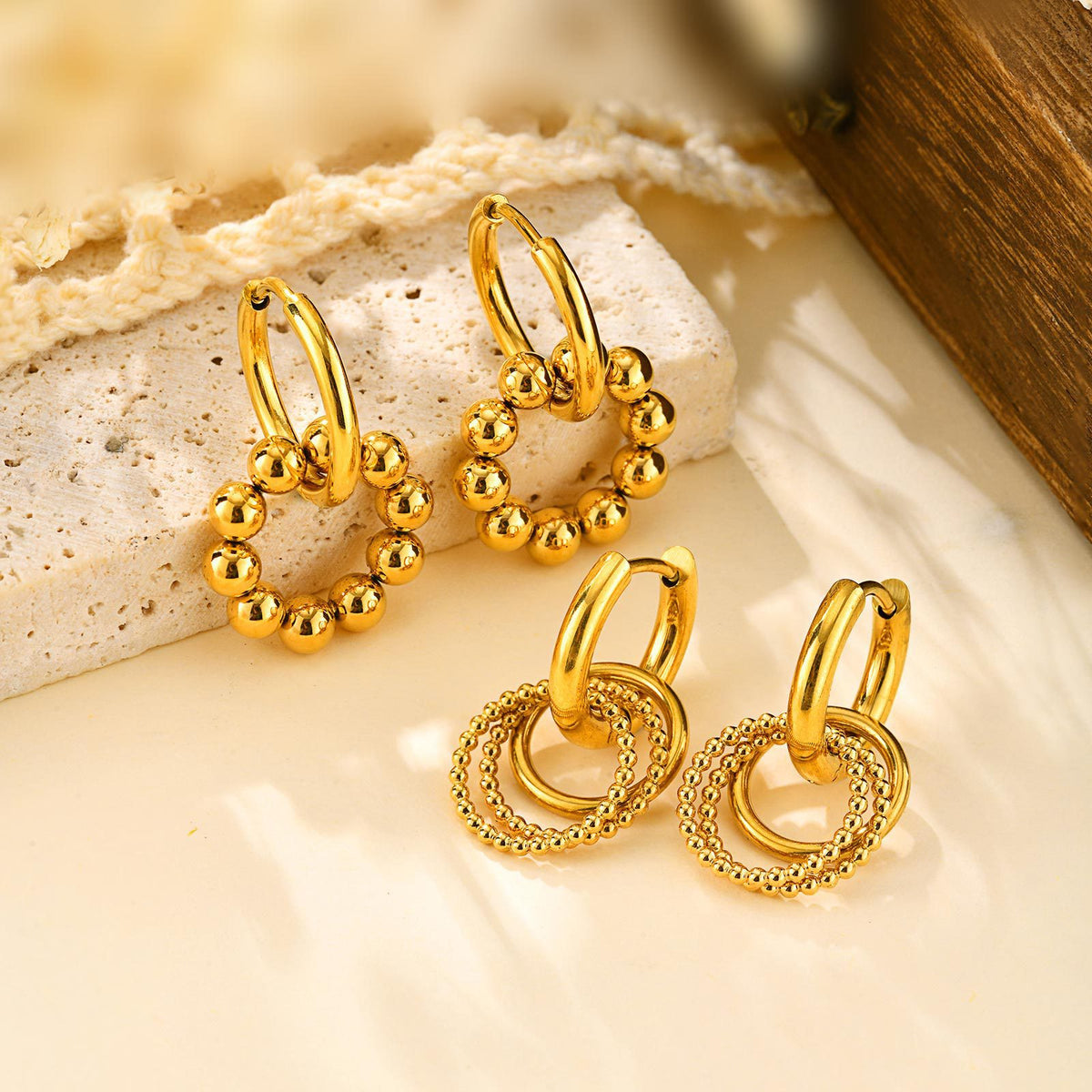 Beaded Circle Charm Hoop Earrings — 2 Gold Styles