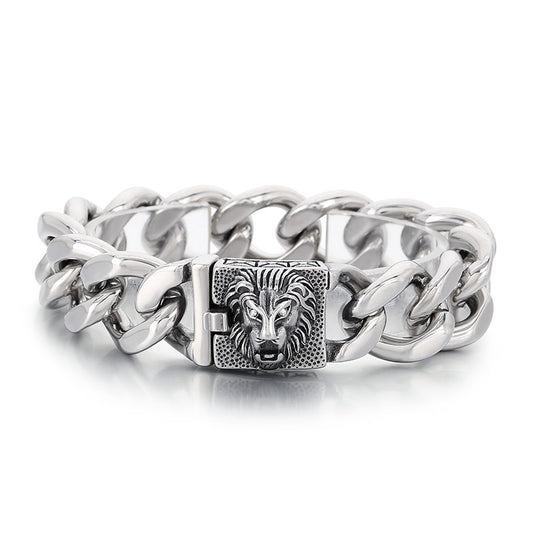 Planderful Mens Bracelet Bold Lion Head Buckle Cuban Chain