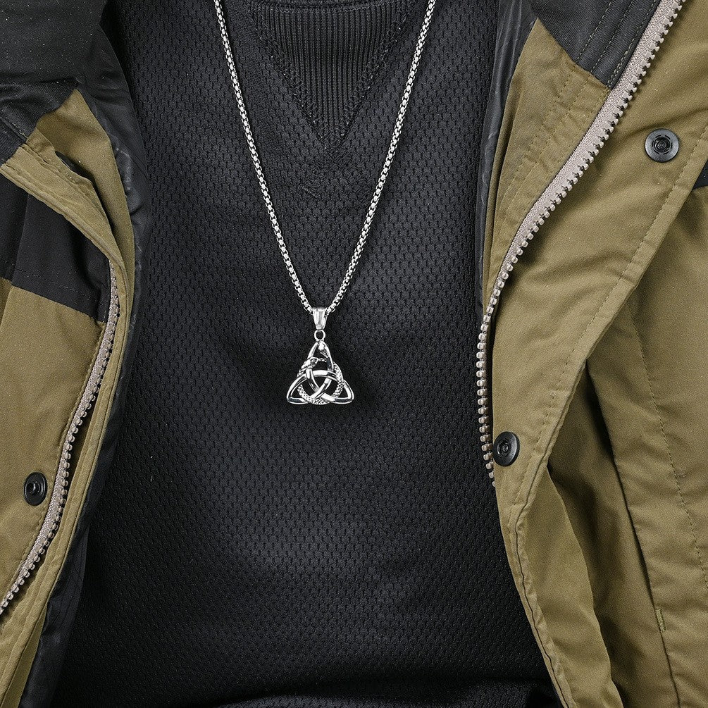 Planderful Viking Double Headed Snake Triangle Knot Necklace For Men Durable Titanium Steel Eternal Knot Pendant