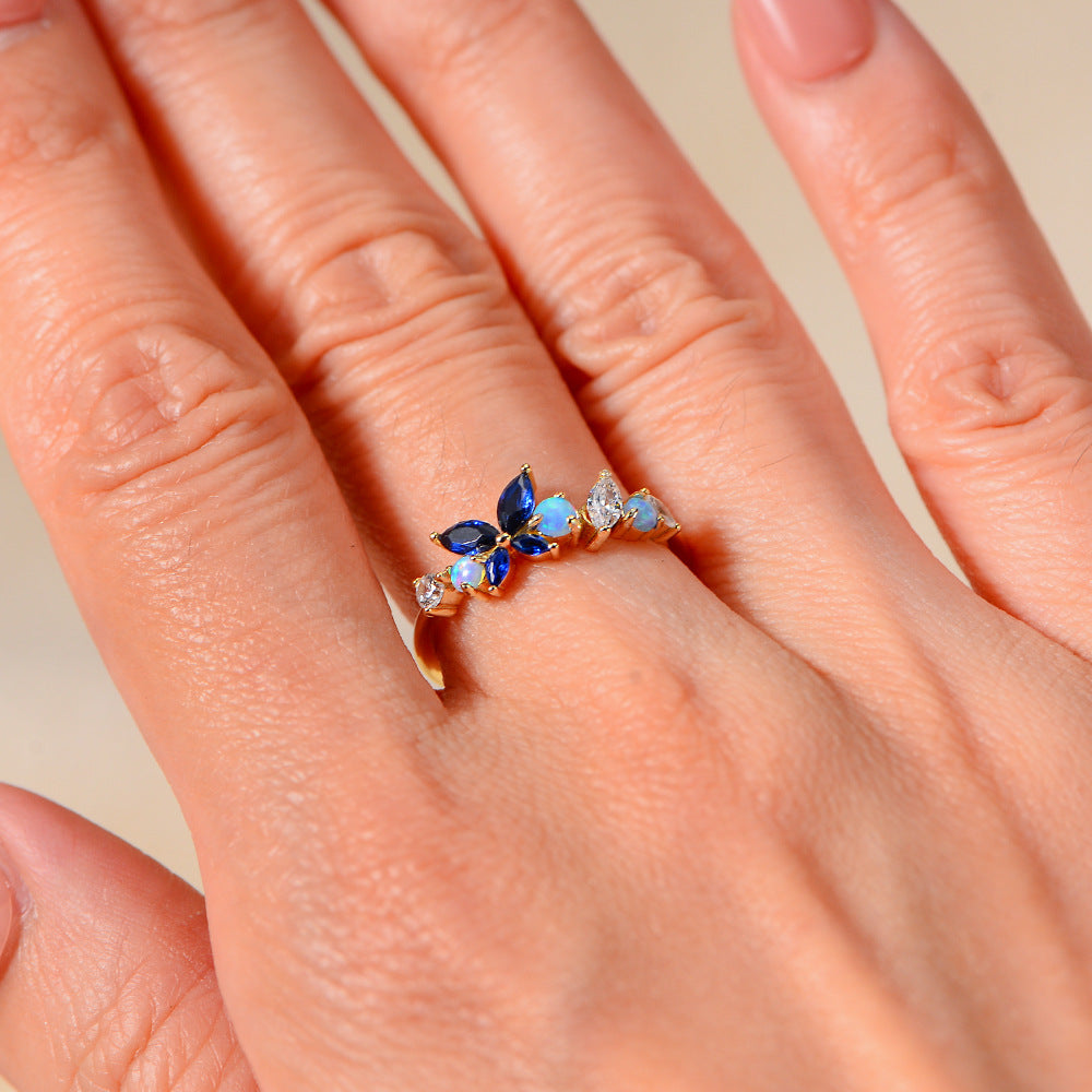 S925 Sterling Silver Zircon Opal Butterfly Ring