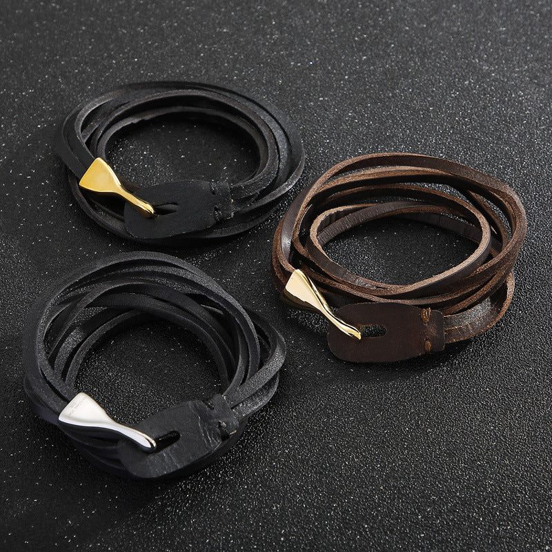 Mens Titanium Steel Woven Leather Bracelet Fish Hook Buckle