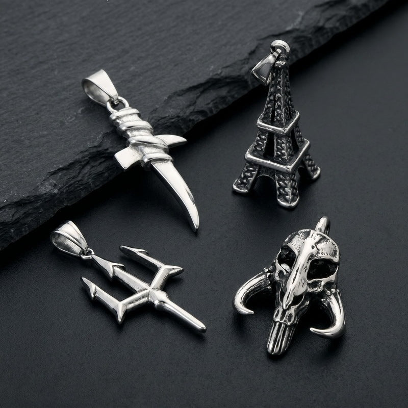Niche Many Elements Myth Pendant Tower Conch Trident Feather Stainless Steel Men's Pendant Necklace