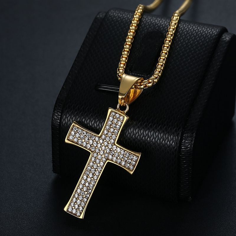 Planderful Everyday Genie Hip Hop Cross Pendant Necklace Titanium Steel Gold Plated Rhinestone For Fans