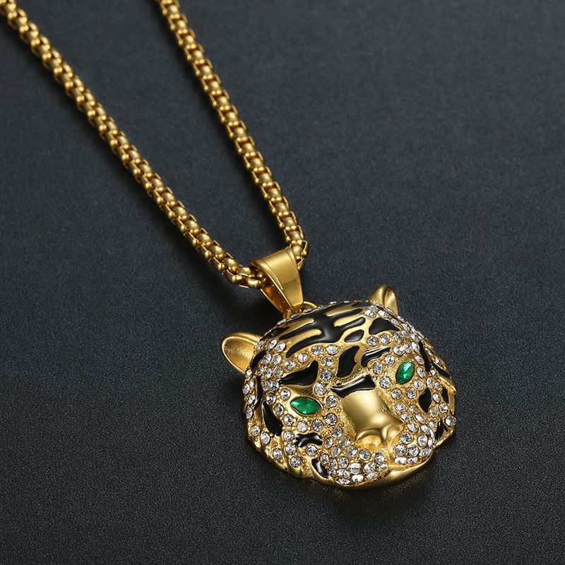 Titanium Steel Necklace – Luxury Gold-Plated Rhinestone Tiger Head Pendant For Everyday Hip Hop Style