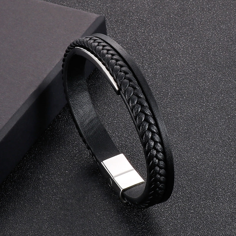 Planderful Everyday Genie Mens Leather Steel Curved Bracelet