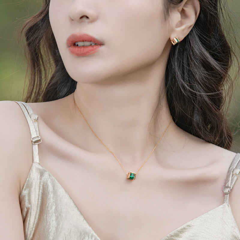 Green Zircon Hollow Cube Pendant Sterling Silver Necklace