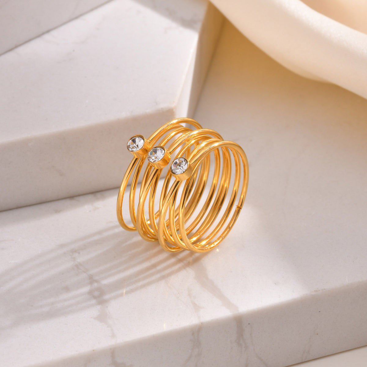 Stainless Steel Multi-Layer Line Round Zircon Ring Women's Gold