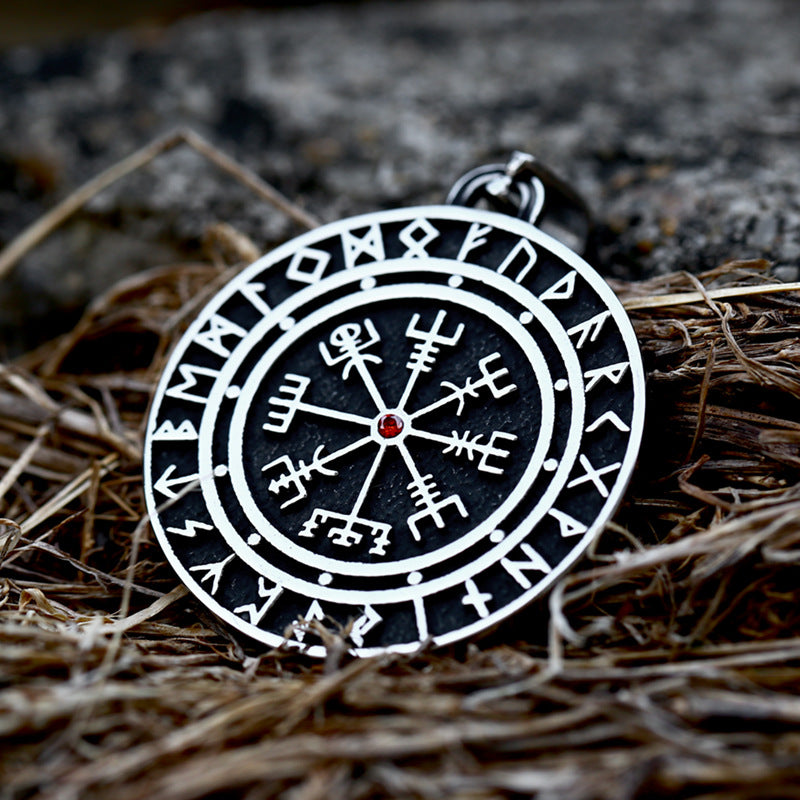Nordic Viking-Inspired Titanium Steel Pendant with Inlaid Stone for Men - Wholesale Compass Design