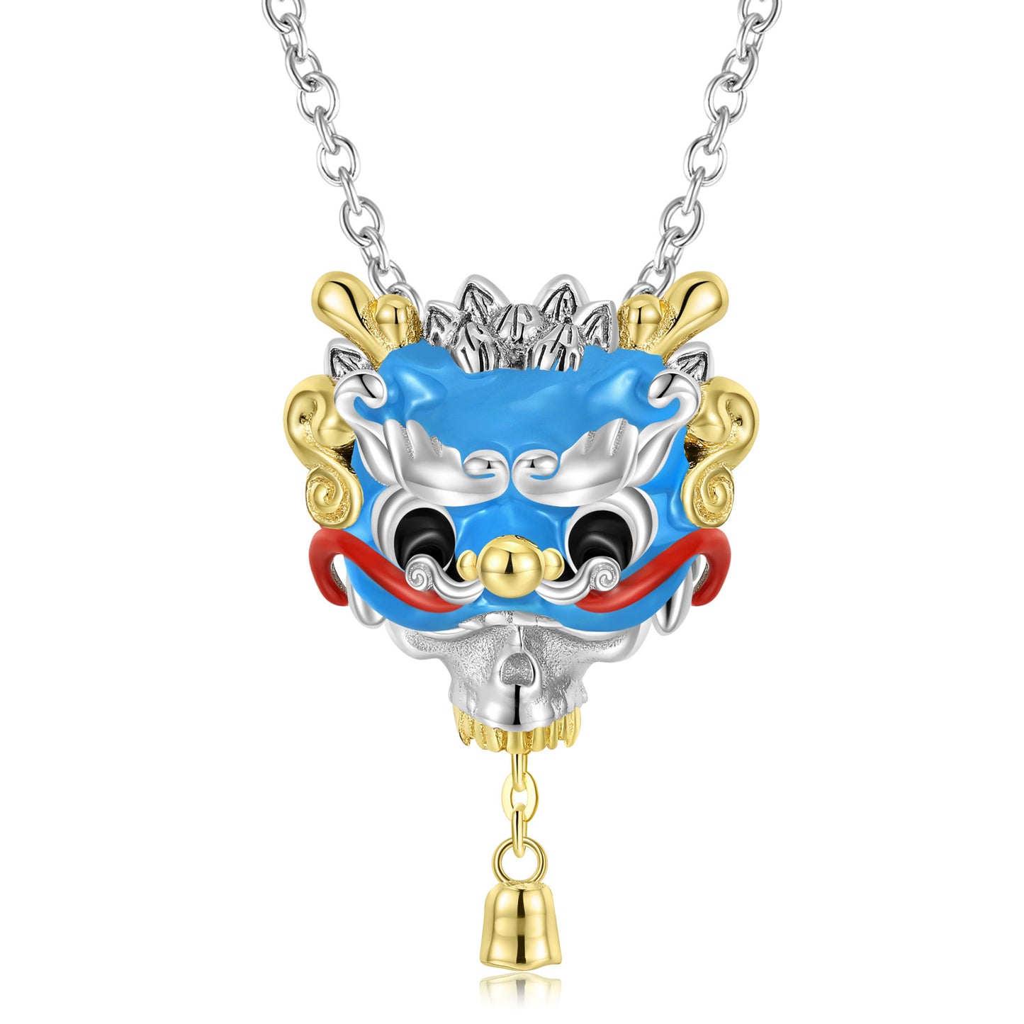Halloween Colourful Lion Dance Head Skull Silver Necklace