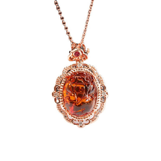 Blood Amber Pixiu Pendant Necklace Jewelry in Rose Gold