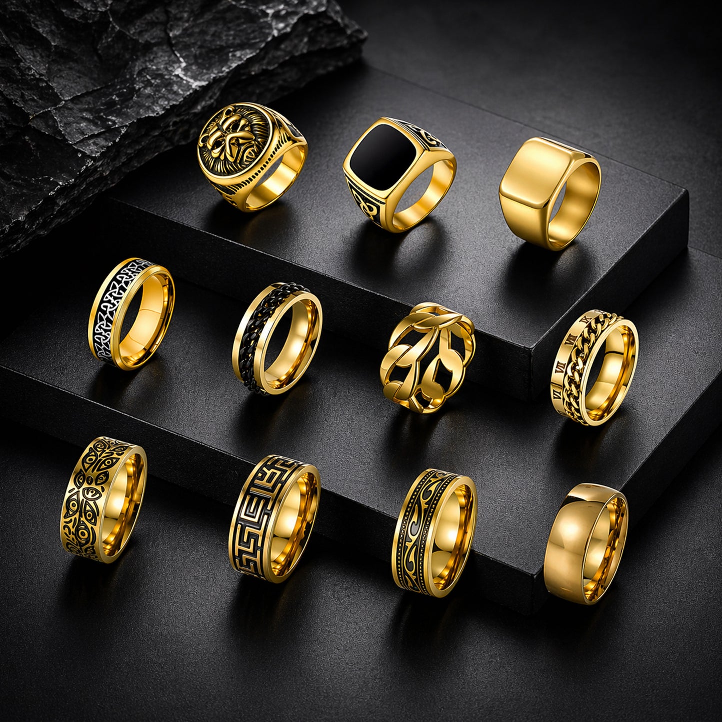 Planderful Everyday Genie Stainless Steel Ring Set For Men Lion Head Retro Hip Hop Unisex Jewelry Do Not Fade