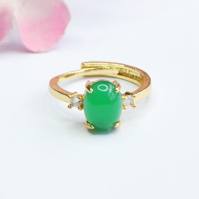 Ethnic Style Adjustable Natural Green Chalcedony and Pigeon Blood Red Agate Sterling Silver Ring