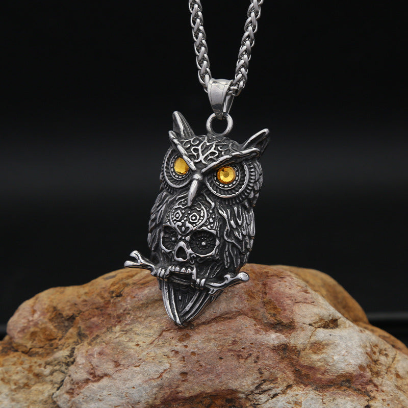 Titanium Steel Owl Skull Necklace Retro Punk Pendant Jewelry