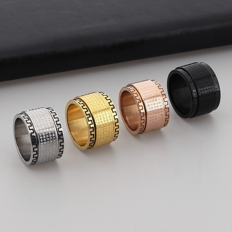 Pressing Lace Ring, Six-Character Mantra Decompression Rotatable Transfer Stainless Steel Ring For Men