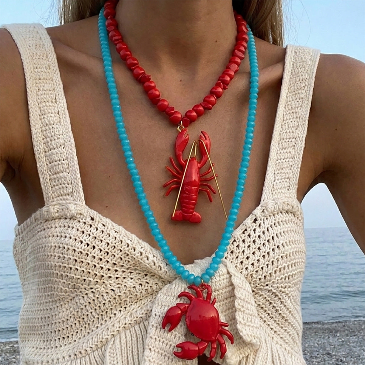 Crab & Lobster Beaded Pendant Necklace
