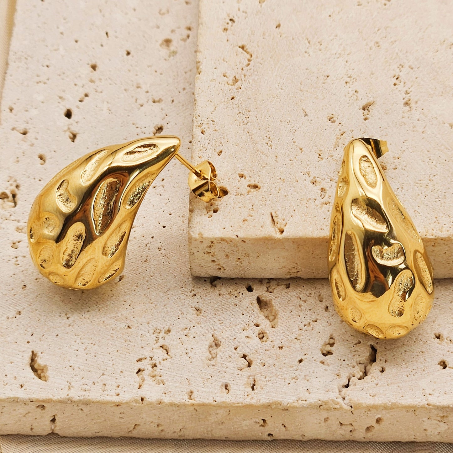 Planderful Water Drop Hammered Stainless Steel Earrings Gold Plated For Women Versatile Fashion Statement